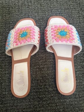 Sheln Crochet Slide Mules in Pink, Blue & Cream